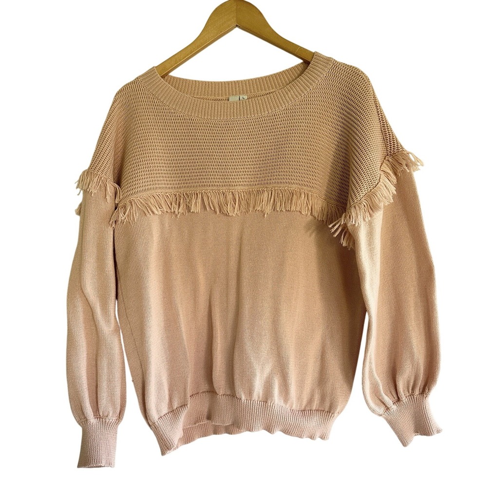 Grace‎ & Karma Sweater Women's L Pink Fringe Chunky Knit Balloon Sleeves